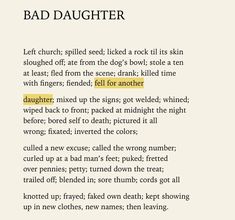 a page from the book bad daughter, which is written in yellow and black ink