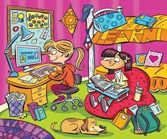 two children are sitting at a desk in front of a bed with an open laptop