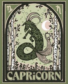 the capricorn zodiac sign is depicted in green and black, with an image of a