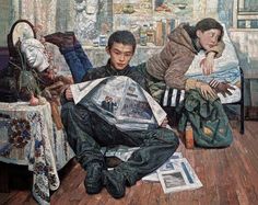 a painting of two people sitting on the floor with newspapers in front of them and one person holding a baby