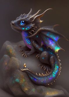 a blue and purple dragon sitting on top of a rock