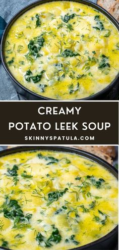 creamy potato leek soup in a black pan