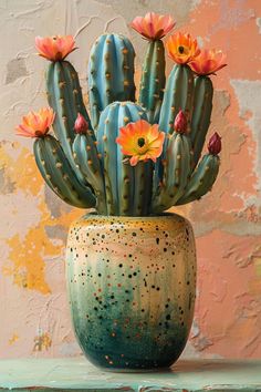 a potted cactus with flowers in it on a table next to a painted wall