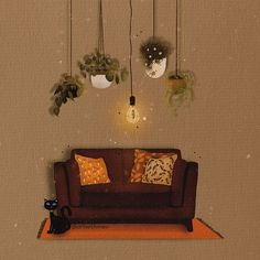 a painting of a couch with plants hanging from it's sides and two cats sitting on the floor