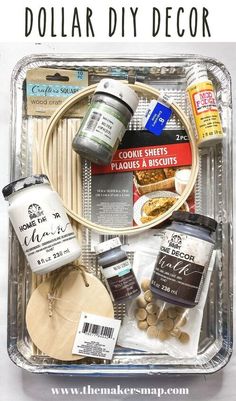 the dollar diy decor kit is packed in a plastic container with food and other items