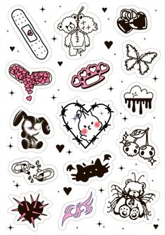 various stickers with different designs and shapes on them, all in black and white