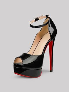 Black High Heel Polyurethane Sandals, Black Sandals With Red Sole And Open Toe, Black Open Toe Sandals With Red Sole, Black Platform Heels With Eva Material, Black Sandals With Red Sole And Ankle Strap, Ankle-high Polyurethane Platform Heels, Platform Ankle-high Polyurethane Heels, Ankle-high Platform Heels In Polyurethane, Black Polyurethane Closed Toe Heels