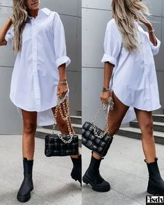 Fisdy - Vestido camisero de manga larga con botones Loose Shirt Dress, Outfit Denim, Sassy Shirts, Women White Blouse, Loose Fit Shirts, Short Shirt, Button Down Shirt Dress, Mini Short, Shirt Dresses