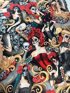 an image of a woman with skulls and roses on it