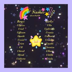 an image of the names of stars on a black background with rainbows and stars