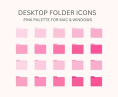 pink file folders are arranged in rows on a white background with the words desktop folder icons