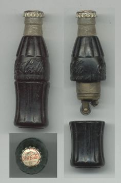 three different views of an old coca cola bottle and the top one has a cap on it