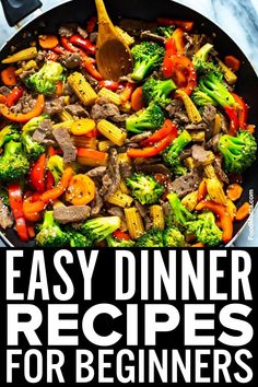 an easy dinner recipe for beginners with broccoli and peppers in a skillet