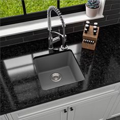 a kitchen sink sitting on top of a counter next to a potted plant and window