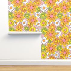 an image of a flower wallpaper in the corner of a room with wood flooring