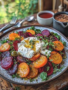 a white plate topped with beets, carrots and feta on top of a wooden table