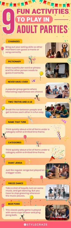 an info sheet for the 9 fun activities to do with your child's birthday party