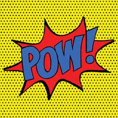 the word pow is painted in blue and red on a yellow background with halftone dots