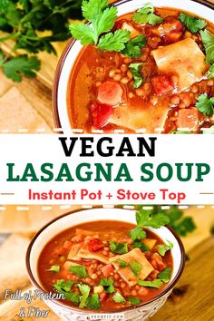 2 pictures showing a white bowl filled with Vegan Lasagna Soup garnished with fresh parsley. Plant Based Lasagna, Lentil Lasagna, Vegan Lasagna Soup, Instant Pot Vegan, Vegan Instant Pot Recipes, Lasagna Soup Recipe, Pot Lasagna