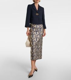 Find VALENTINO Mossi Brocade Midi Skirt on Editorialist. Material: 91% polyester, 7% metallic fibres, 2% polyamide. Care instructions: dry clean. Made in Italy. Designer color name: Pure Blue/Gold. Lining: 100% silk. Closure: zipped back, invisible zipper, hook fastening. Brocade Skirt, Valentino Clothing, Heeled Rain Boots, High Heel Rain Boots, Cropped Blazer, Line Skirt, Indian Wear, Dress With Boots, A Line Skirt