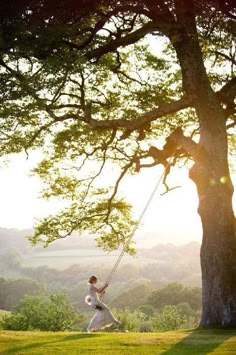 a woman is swinging on a tree swing