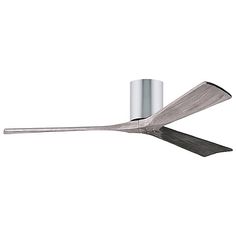 a silver ceiling fan with two blades on it's blades and one blade in the middle