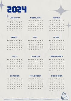 a blue and white calendar for the year 2013 with stars on it, as well as numbers