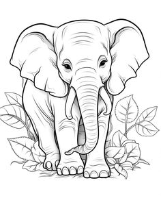 an elephant standing in the grass with leaves around it