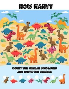 a poster with dinosaurs and words on it that says, how many? count the small dinosaurs