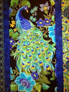 a painting of a peacock with blue flowers and leaves on it's back side