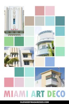 the miami art deco poster is shown in many different colors and shapes, including buildings