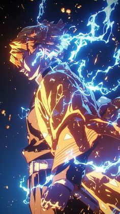 an anime character with lightning in the background