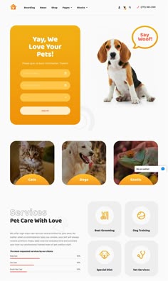 a dog and cat sitting on top of a website page with the words pet care with love