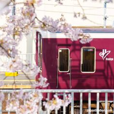 a red train car sitting on the tracks next to a tree with flowers in bloom