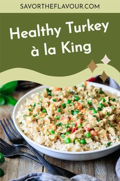 healthy turkey and rice with peas in a white bowl