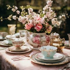 a table set with tea cups, saucers and flowers in a vase on it