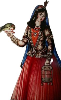 a painting of a woman holding a bird in her hand and wearing a red dress