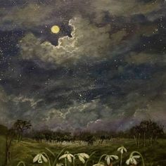 a painting of white flowers in a field under a night sky