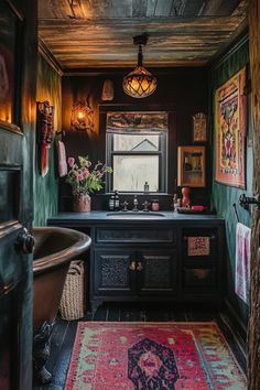 an old fashioned bathroom with green walls and wood trimmings on the ceiling, rug in front of sink