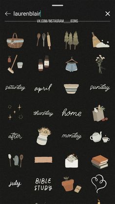 an image of different types of food and drinks on a black background with white lettering