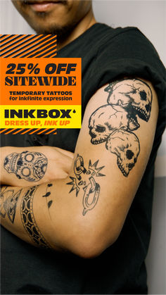 a man with tattoos on his arm and arms is holding an inkbox coupon