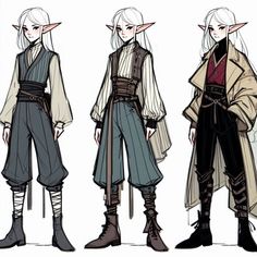 three different poses of an elf with white hair and black pants, one wearing a long coat