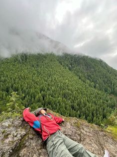 a man laying on top of a rock next to a lush green forest covered hillside