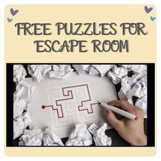 a person holding a pen and drawing on a piece of paper with the words free puzzles for escape room