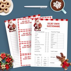 the santa clause question sheet is next to a cup of coffee and some christmas cookies