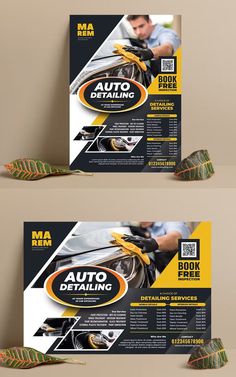 two flyers for auto detailing, one is yellow and the other is black