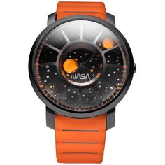 an orange and black watch with the word nasa written on it's dial face