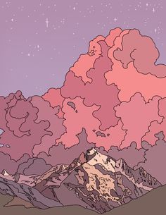 the sky is filled with pink clouds and stars in the distance, while mountains are covered in snow