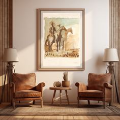 a living room with two chairs and a painting on the wall