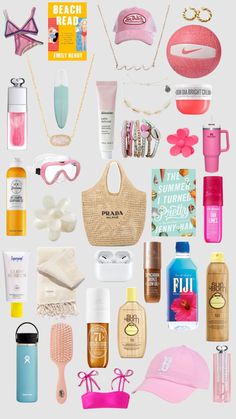 the contents of a beach bag laid out on top of each other, including sunscreens, hairbrushes, sunglasses and more